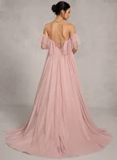 A-line Off the Shoulder Sweep Train Tulle Maternity Dresses With Ruffle 