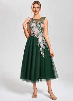 A-line Scoop Tea-Length Tulle Lace Cocktail Dress 