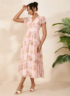 Floral Print V-Neck Short Sleeve A-line Chiffon Midi Dress 