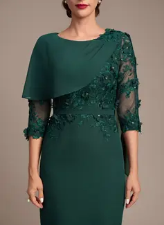 Sheath/Column Scoop Knee-Length Chiffon Lace Mother of the Bride Dress With Beading Cape 3D Floral 