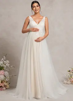 A-line V-Neck Court Train Tulle Lace Maternity Dresses 