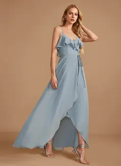 A-formet V-hals Asymmetrisk Chiffong Brudepikekjole med Frynse 