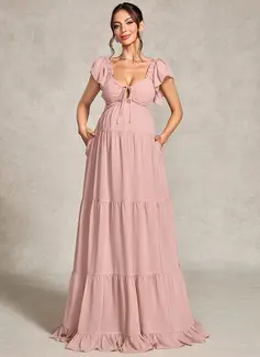 A-line V-Neck Floor-Length Chiffon Maternity Dresses With Ruffle Bow 