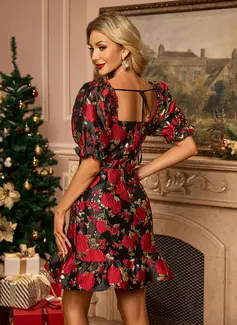 Ruffle Floral Print Square 1/2 Sleeve Sheath/Column Jacquard Mini Dress 