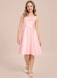 A-line Cowl Knee-Length Satin Junior Bridesmaid Dress With Bow 