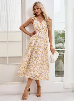 Bow Floral Print V-Neck Sleeveless A-line Chiffon Midi Dress 