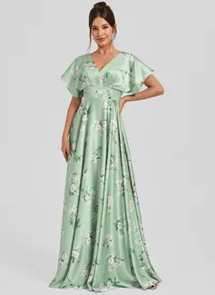 A-line V-Neck Floor-Length Matte Satin Bridesmaid Dress 