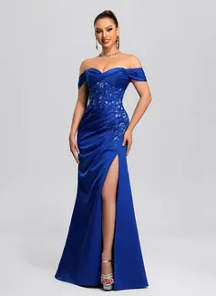 Skede Off-shoulder Gulvlængde Satin Balkjole med Plisseret pailletter Applikationer Lace 