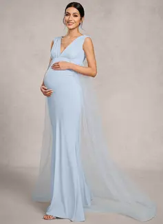 Sheath/Column V-Neck Sweep Train Tulle Jersey Maternity Dresses With Pleated 