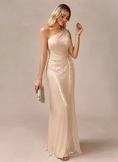 Sheath/Column One Shoulder Floor-Length Sequin Evening Dress With Crystal Brooch 