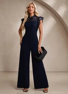 High Neck Illusion Flutter Sleeve Lace Stretch Crepe Maxi Jumpsuits 