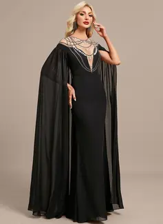 Sheath/Column Illusion Scoop Floor-Length Chiffon Evening Dress With Rhinestone Cape Beading 