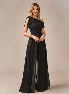 Jumpsuits One Shoulder Floor-Length Chiffon Evening Dress With Overskirt Bow 