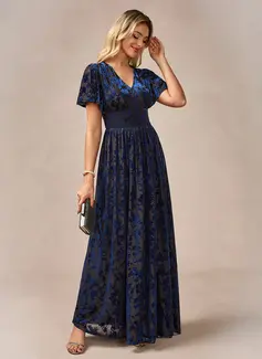 A-line V-Neck Floor-Length Velvet Evening Dress 