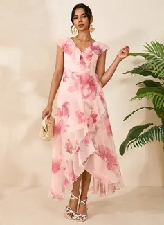Ruffle Floral Print V-Neck Sleeveless A-line Chiffon Asymmetrical Maxi Dress 