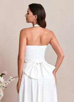 Jumpsuits Halter Floor-Length Satin Wedding Dress With Bow 