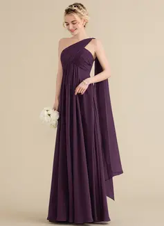 A-Linien-Kleid One-Shoulder Bodenlang Chiffon Brautjungfernkleid mit Rüschen 