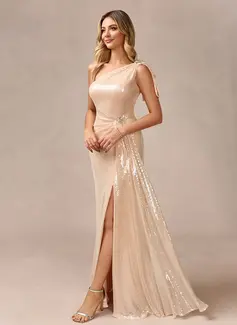 Sheath/Column One Shoulder Floor-Length Sequin Evening Dress With Crystal Brooch 