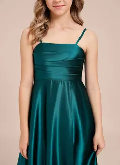 A-line Square Floor-Length Stretch Satin Junior Bridesmaid Dress 