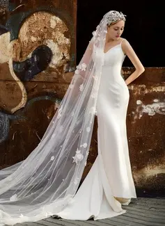 Floral Cut Edge Single Tier Tulle Bridal Cathedral Length Wedding Veils 