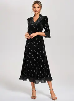 A-line V-Neck Tea-Length Velvet Cocktail Dress With Embroidered 