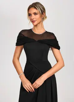 Rhinestone Illusion Short Sleeve A-line stretchy fabric Asymmetrical Midi Dress 