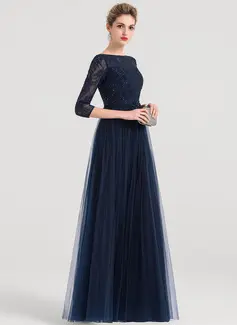 A-formet/Prinsesse Scoop Hals Gulvlengde Tyll Festkjole med Profilering 