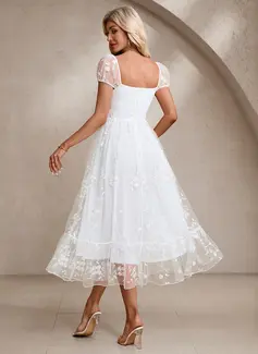 Embroidered Sweetheart Short Sleeve A-line Tulle Midi Dress 