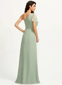 A-Line One-Shoulder Floor-Length Bridesmaid Dress With Ruffle Split Front 