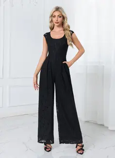 Rund-halsudskæring Hætte ærmer Blonder Maxi Jumpsuits 