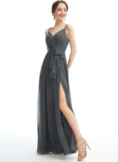 A-line V-Neck Floor-Length Chiffon Bridesmaid Dress With Ruffle Beading 