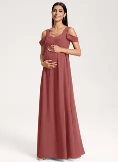 A-line Cold Shoulder V-Neck Floor-Length Chiffon Maternity Dresses With Pleated 