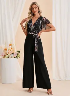 Floral Print V-Neck Short Sleeve Chiffon Crepe Maxi Jumpsuits 