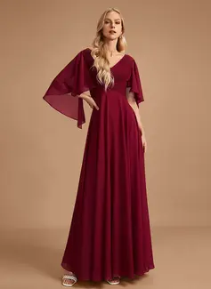 A-Line V-neck Floor-Length Chiffon Bridesmaid Dress With Ruffle 