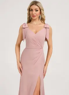 A-line V-Neck Knee-Length Floor-Length Chiffon Bridesmaid Dress With Bow 