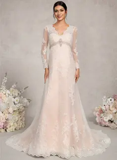 A-line V-Neck Court Train Lace Tulle Maternity Dresses With Beading 