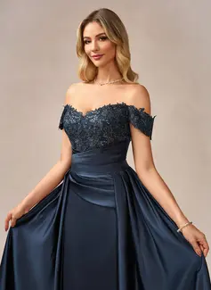 Sheath/Column Off the Shoulder Detachable Floor-Length Satin Lace Evening Dress With Overskirt Sequins Pleated 