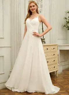 A-line kjole V-hals Sweep/Børste train Blonder Chiffon Brudekjole 