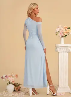 Ruched One Shoulder Long Sleeve Sheath/Column Spandex Maxi Dress 