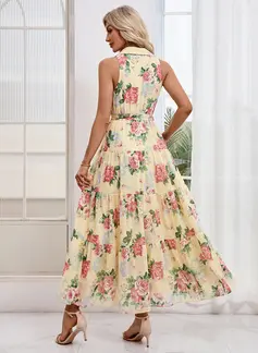 Floral Print Collared Sleeveless A-line Chiffon Maxi Dress 