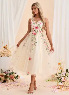 V-Neck Illusion Sleeveless A-line Tulle Midi Dress 