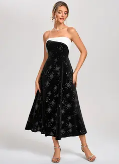 Black and White Straight Strapless A-line Velvet Midi Dress 