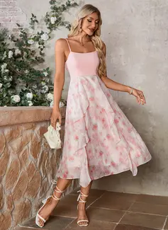 Ruffle Floral Print Square A-line Chiffon Stretch Crepe Midi Dress 