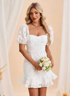 Sheath/Column Square Mini Lace Wedding Dress With Embroidered 