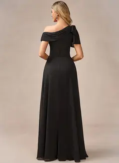 Jumpsuits One Shoulder Floor-Length Chiffon Evening Dress With Overskirt Bow 