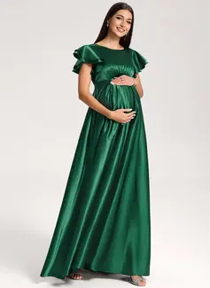 A-line Scoop Floor-Length Stretch Satin Maternity Dresses With Ruffle 