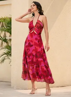 Firkantet utringning Ermeløs Ferie A-line kjole Chiffong Midi Motekjoler 