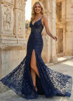 Kjole Trompet/Havfrue i Blonder med Spaghetti paljetter