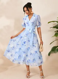 Floral Print Collared Short Sleeve A-line Printed Fabric Midi Dress 