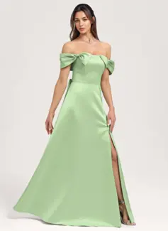 A-line Off the Shoulder Floor-Length Satin Bridesmaid Dress With Bow 